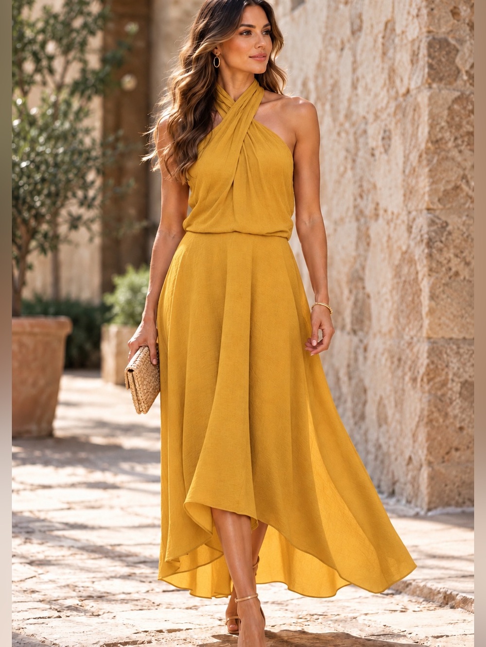 Halston Heritage Honeycomb Gold Halter High-Low Dress Size 12 NWT